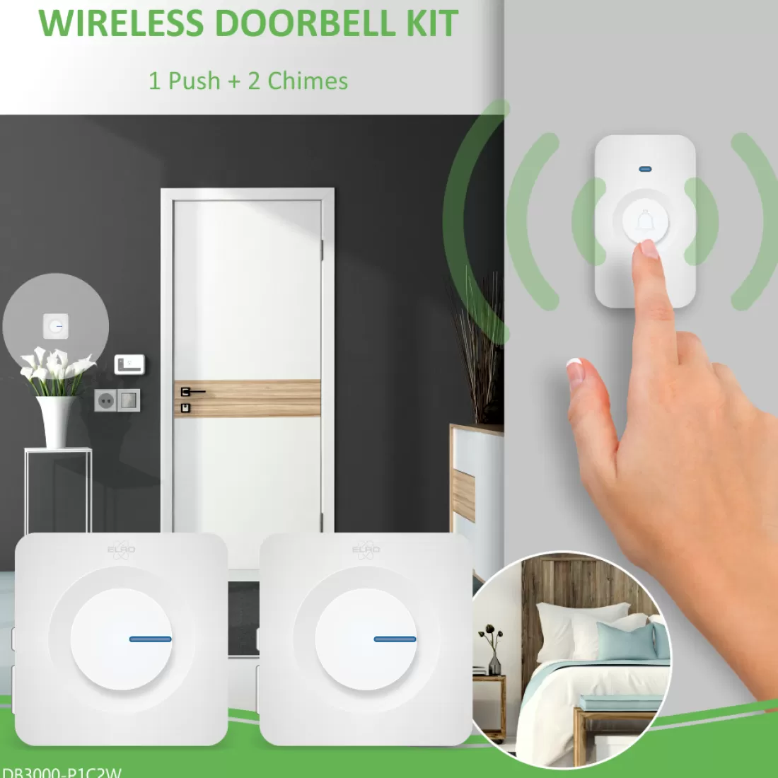 Deurbel*ELRO Draadloze Deurbel Set – Met 2X Ontvanger Op Batterij - Wit (Db3000-P1C2W)