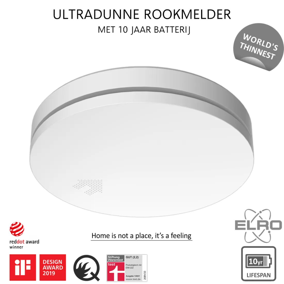 Rookmelders*ELRO Ultra Dunne Rookmelder Met 10 Jaar Batterij - Voldoet Aan Europese Norm En14604 (Fs4610)